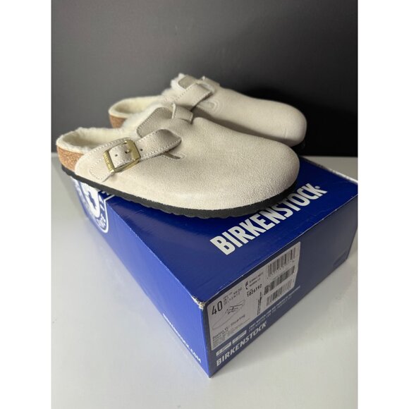 New Birkenstock Suede Boston Shearling Clogs Size 40 US 9 Antique White - Picture 2 of 7